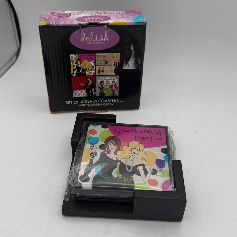 Delish set of 4 glass coaster w/ wooden caddy gifts w/ attitude